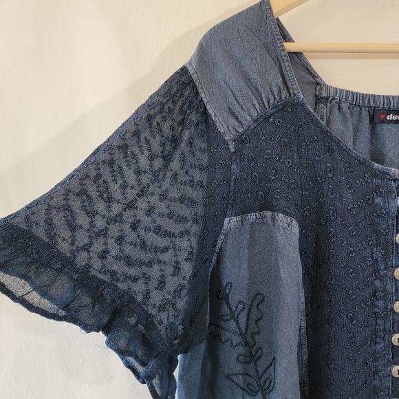 Denim 24/7 Navy Floral Embroidered Lagenlook Top Sz 26W Button Front Gauze - Picture 5 of 12